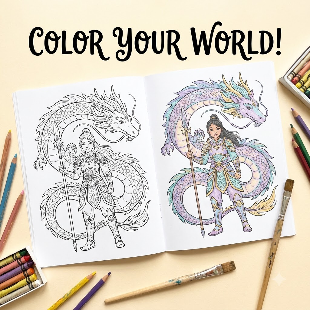 Raya and the Last Dragon coloring pages — 11 free printable PDF coloring sheets for kids featuring a warrior girl and Eastern dragon, shown as a coloring book banner with colored pencils and crayons.
